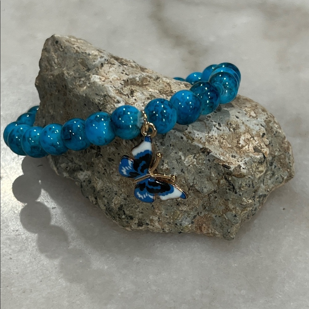 Blue Beaded Bracelet with Butterfly Charm